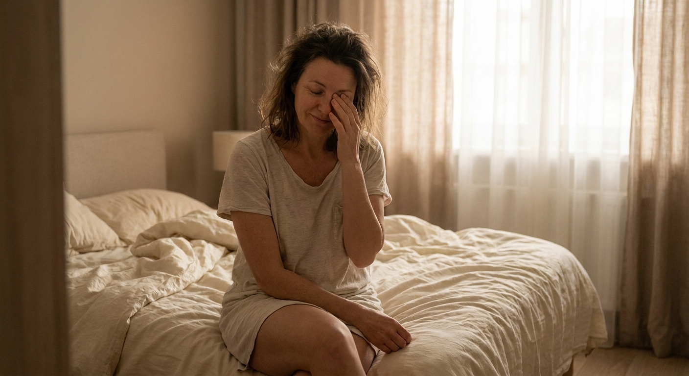 Frau am Morgen auf der Bettkante, müde und nicht erholt